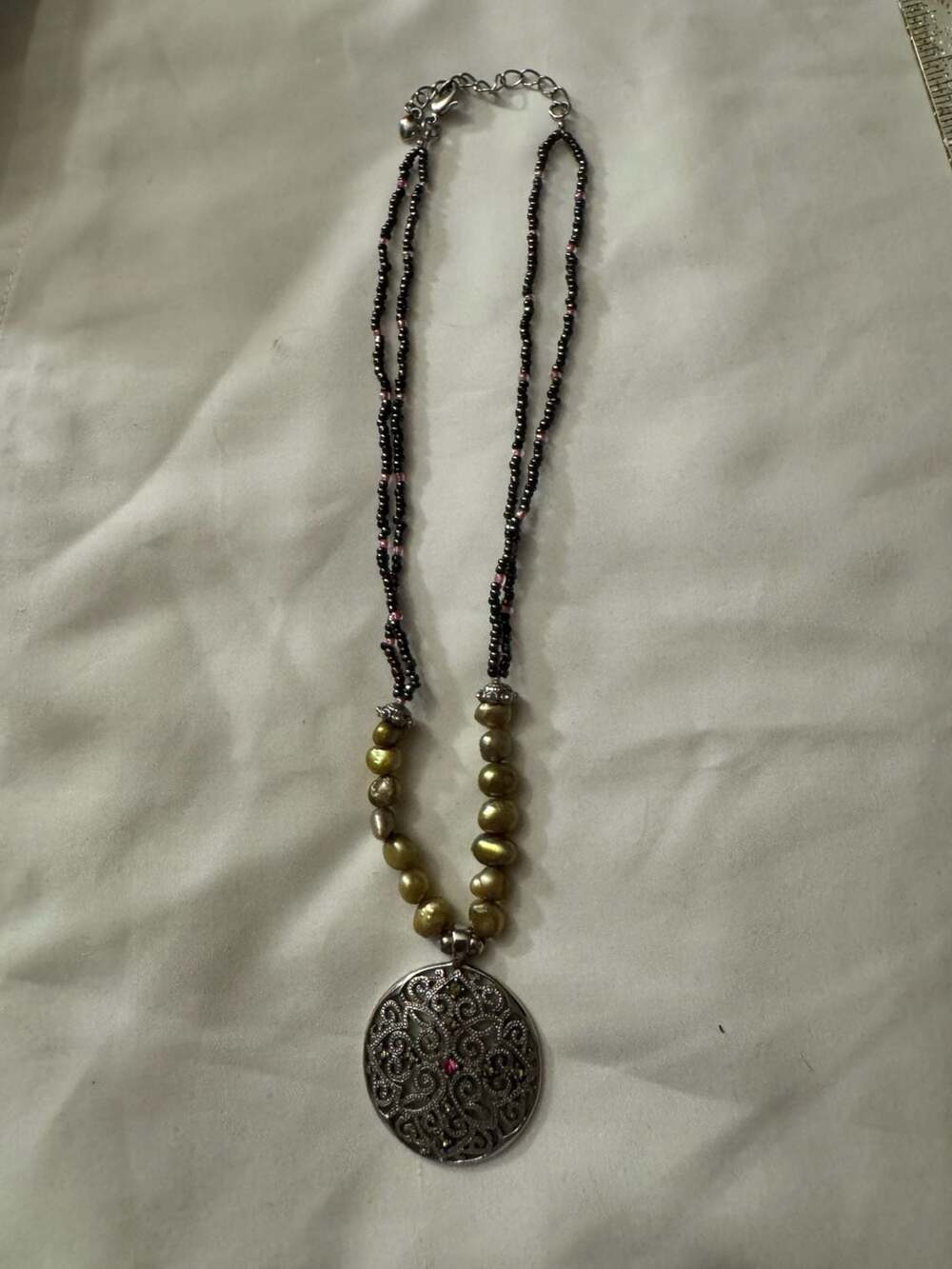 Boho Filigree Medallion Pendant Necklace with Olive Green Pearls and Seed Beads